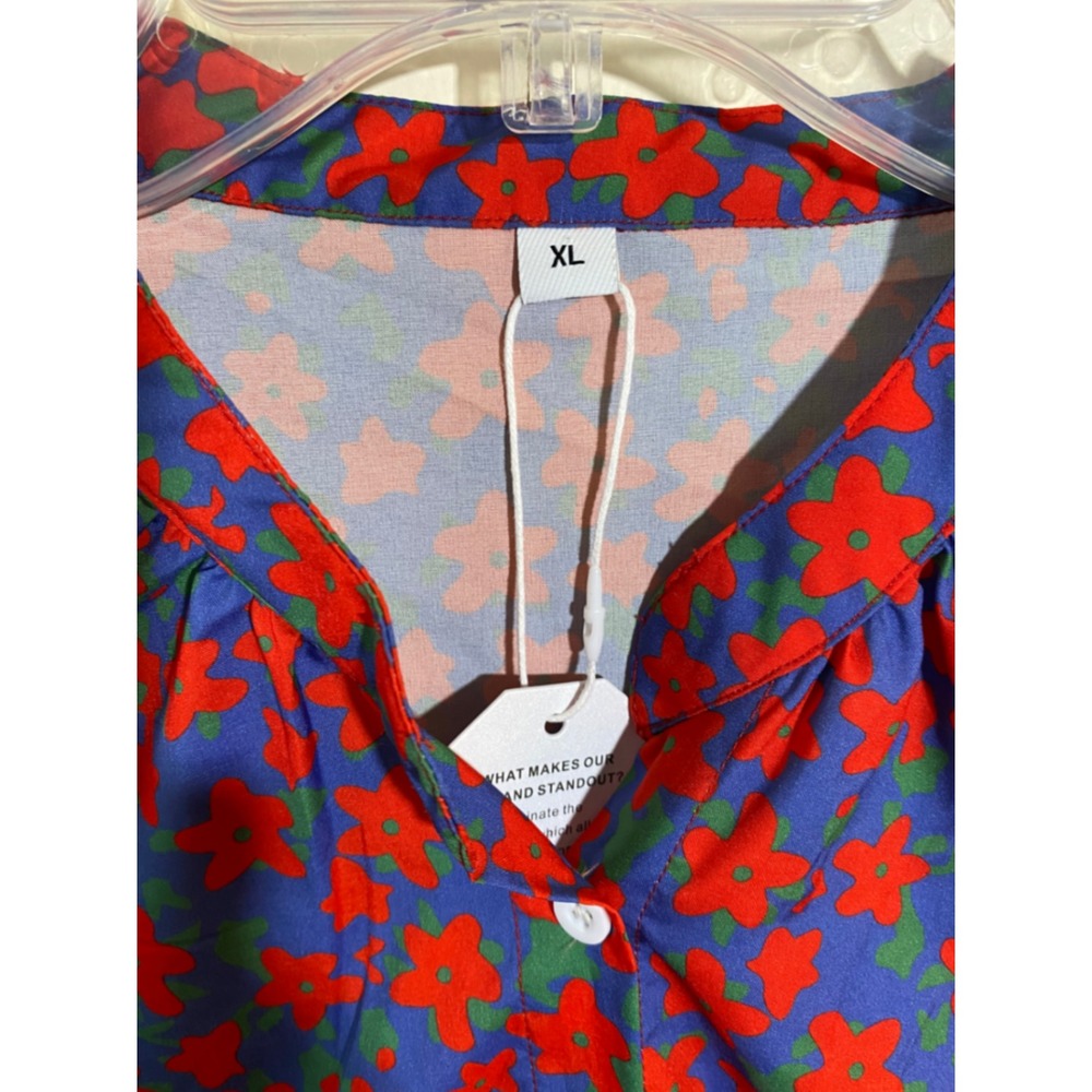 Floral Button Down Blouse Blue Red Star Flower Long Sleeve Top XL NWT - Picture 2 of 6